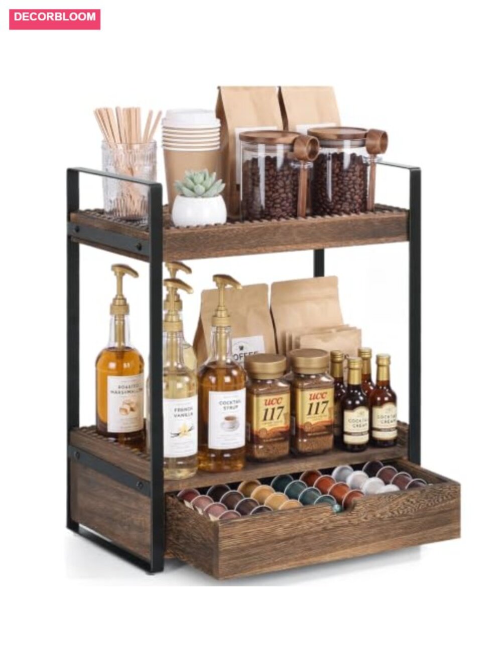 2-Tier Wood Coffee Station Organizer with Drawer Kitchen Countertop Storage